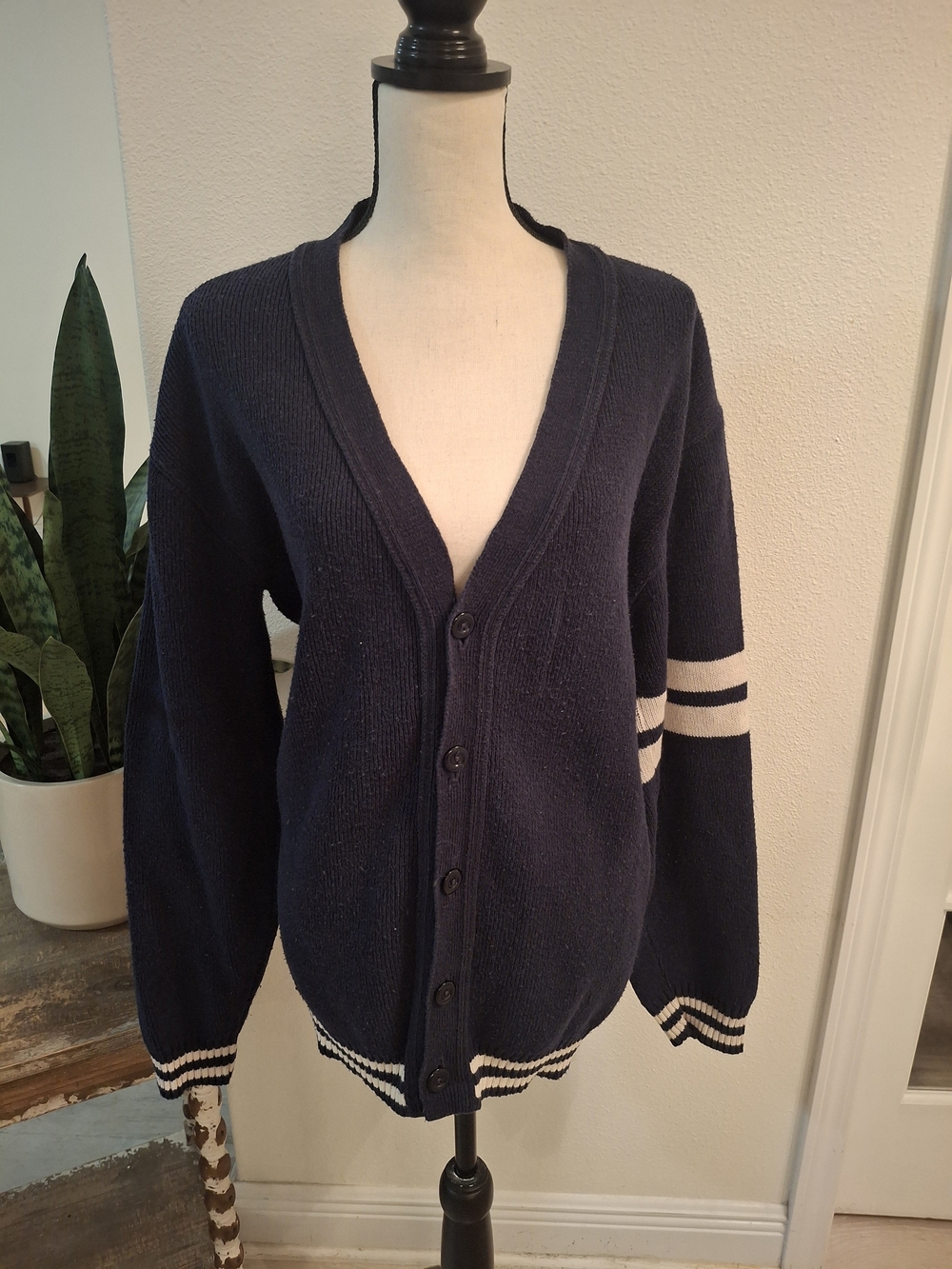 Women's Navy V-Neck Button Cardigan with Stripe Trim
